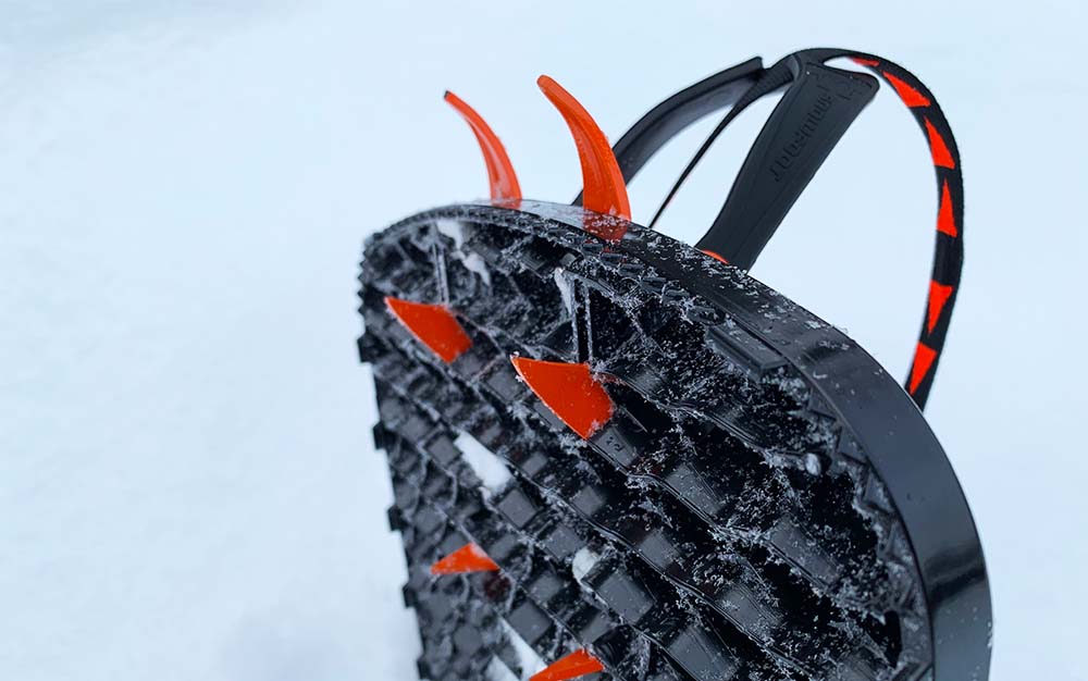 Red spikes on a black snowshoe