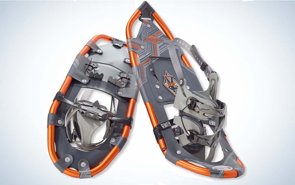 A pair of grey and orange best snowshoes