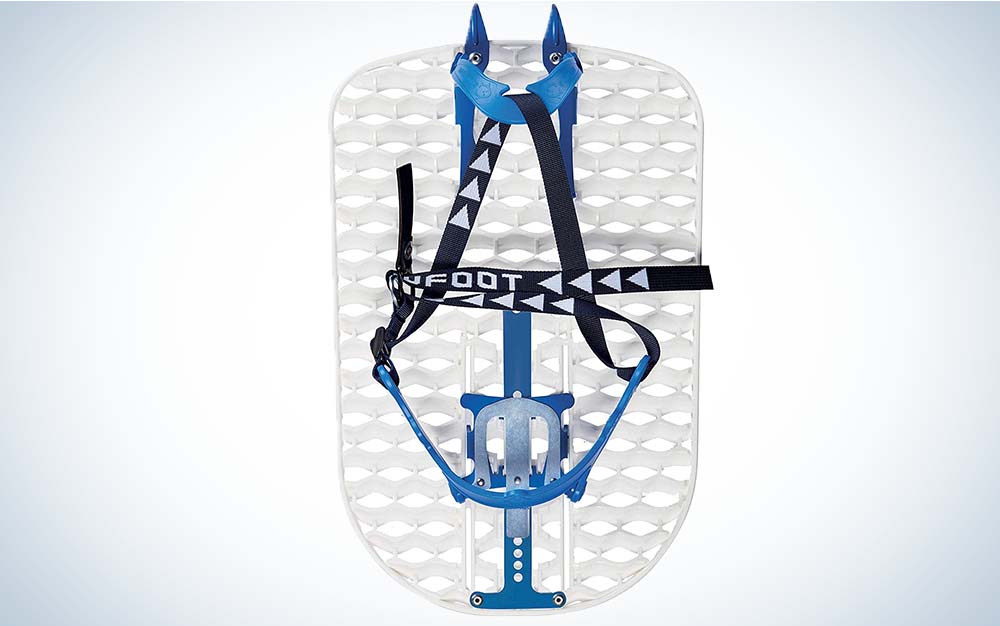 A white and blue best snowshoe