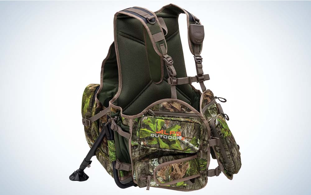 A camo best turkey vest with multiple front pockets