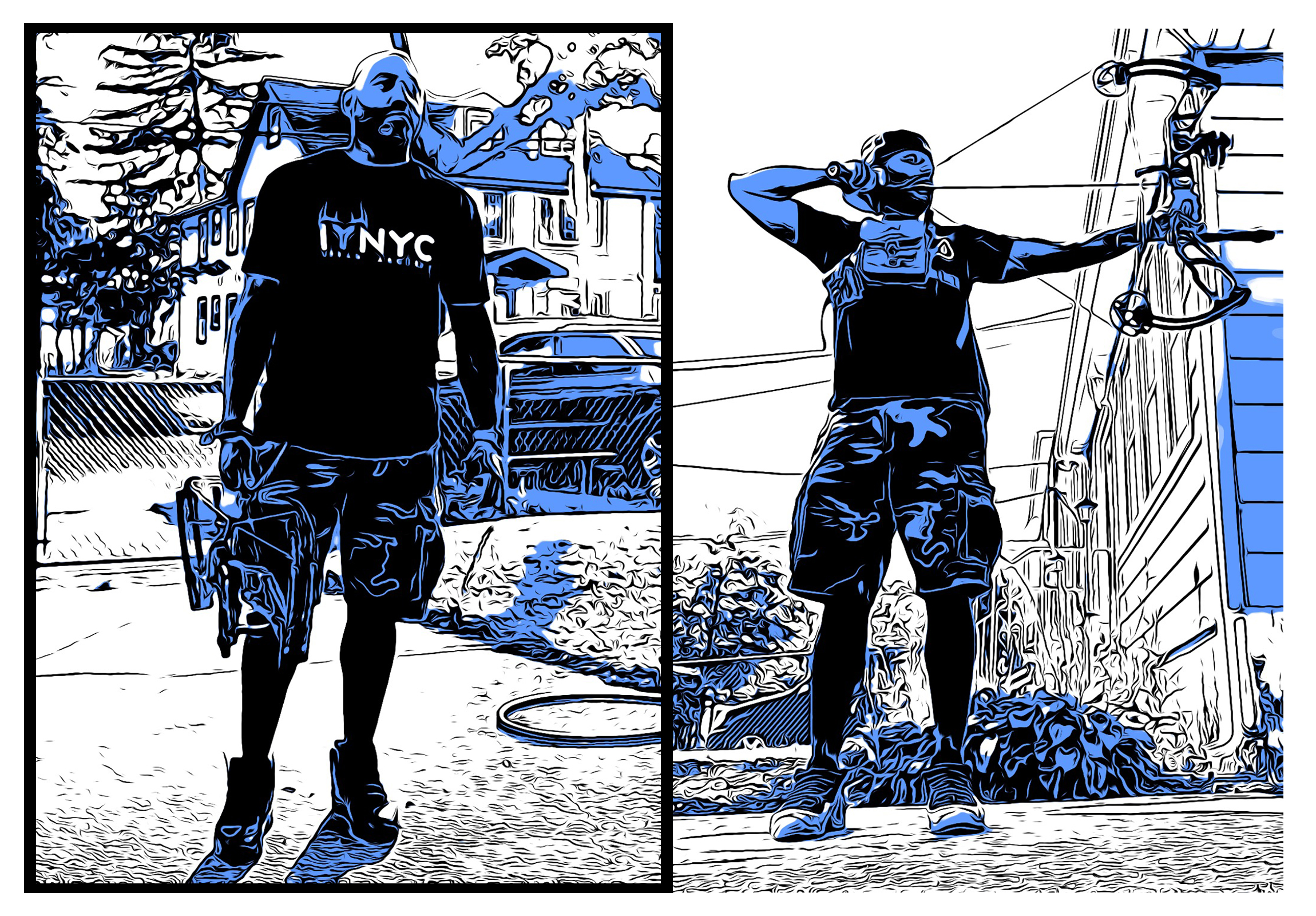 Blue, black, and white illustrations of a bowhunter in NYC.