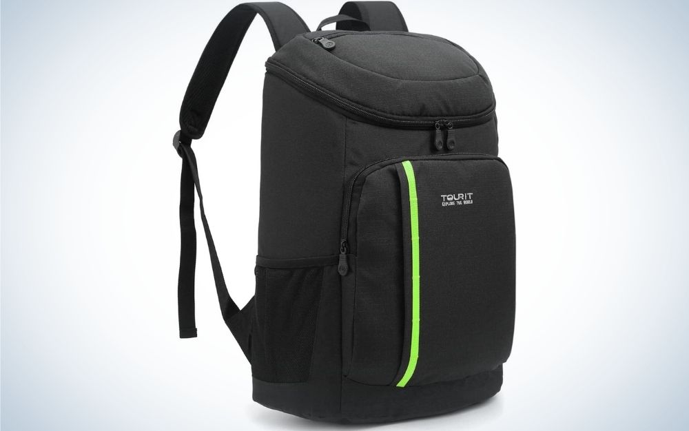 A black backpack with a main zippered pocket in the center of the bag and two other zippered pockets on the sides of the bag.