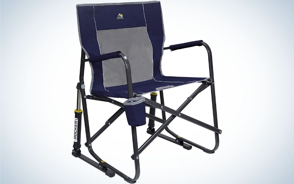 A blue portable outdoor rocking chair that folds flat for storage and transportation.