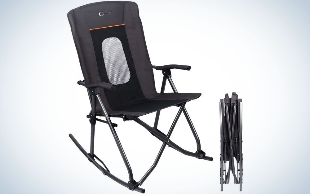 A chair with metal legs and a black seat from the back with transparent nets and hand support in it.