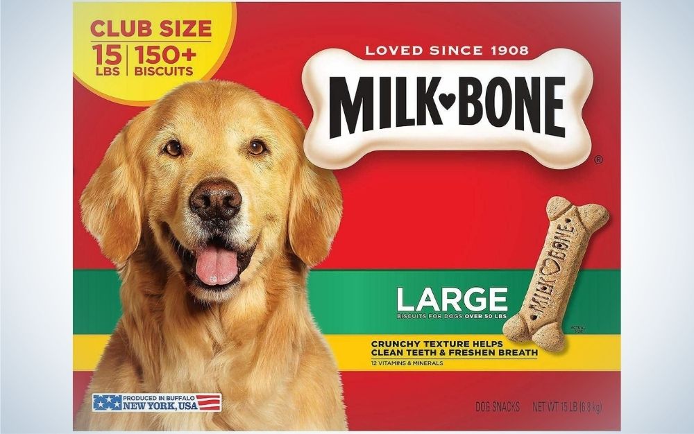 A red box with mil bone and a dog picture staring with his mouth open.