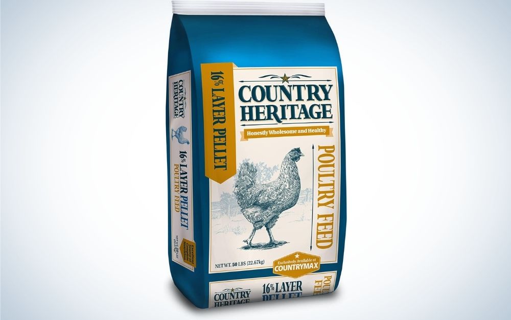 A blue and white Country Heritage packing and with a chicken on her side in the picture of it.