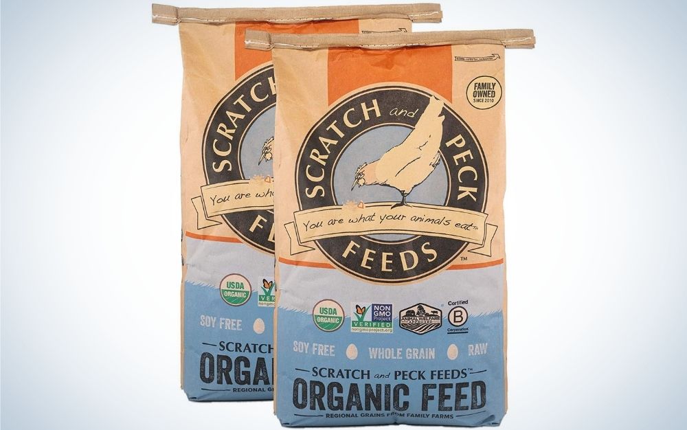 Two packing scratch feeds peck with organic feed written into the front of the packs.