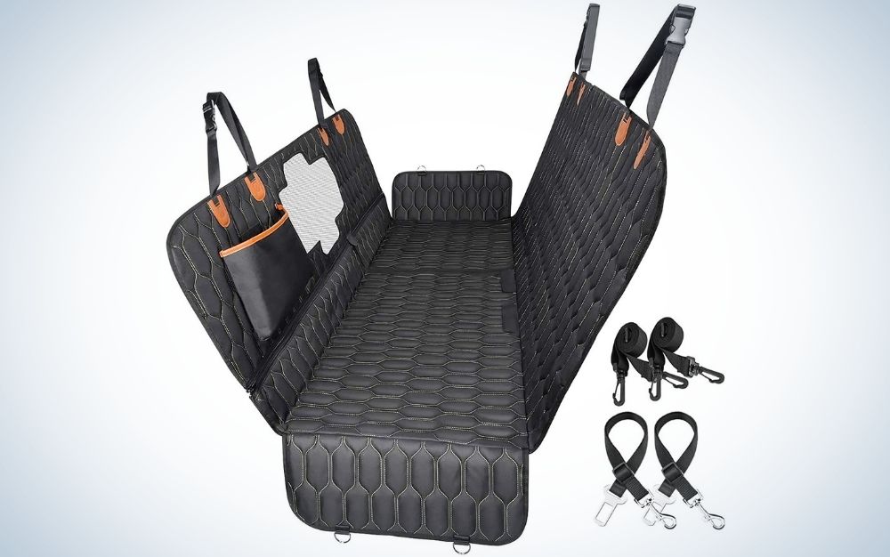 A black car seat cover with mesh window two seat belts , a nonslip dog seat cover for back seat protector for cars trucks.