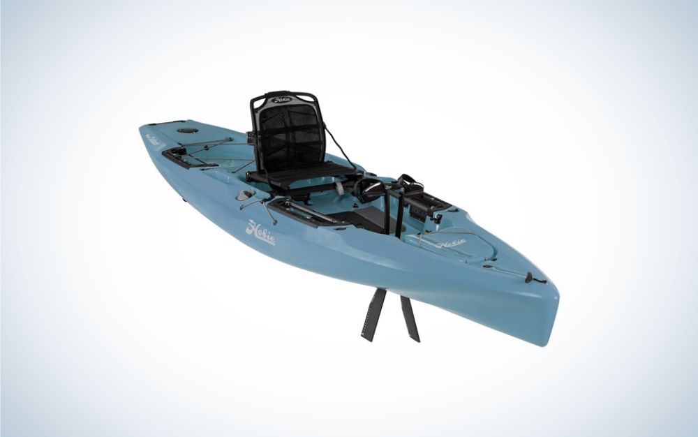 A blue kayak with a black seat and only one place to sit.