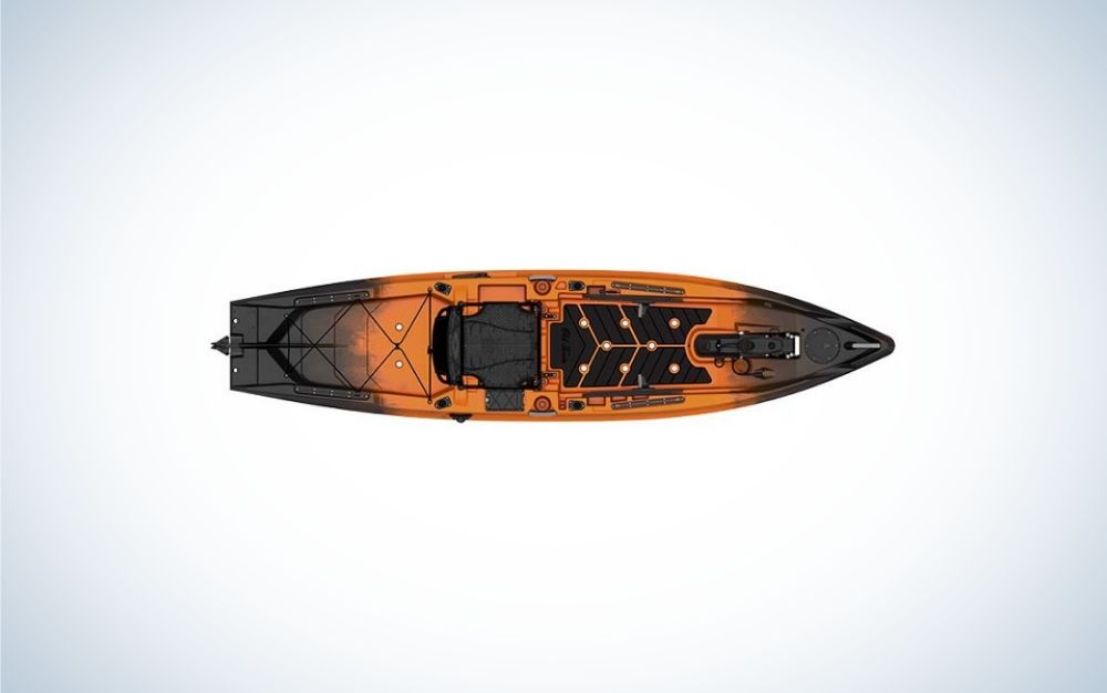 A modern black and orange high-tech fishing machine from the top of it.
