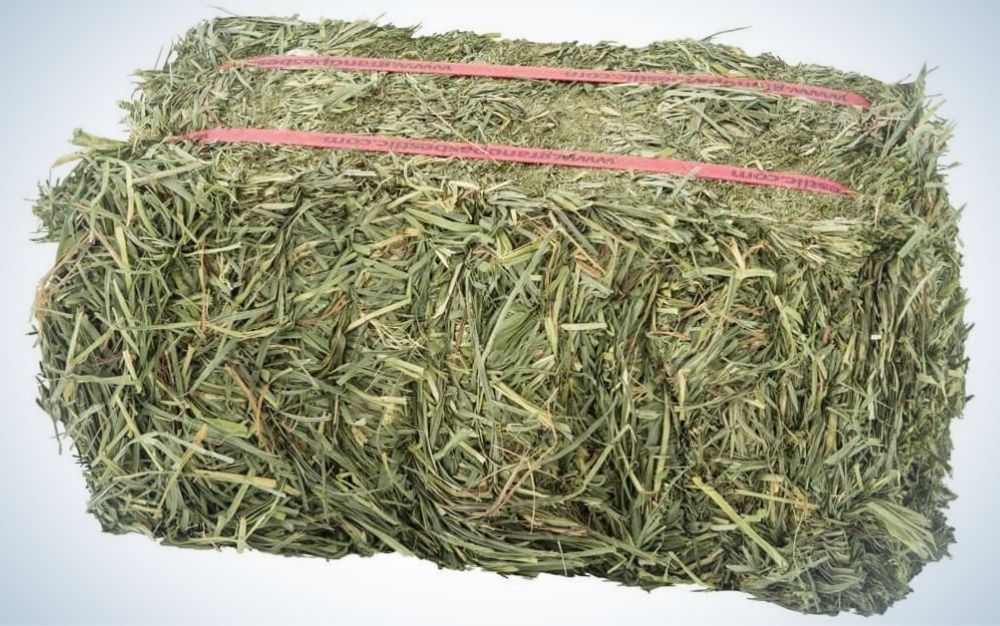A bunch of grass wrapped in a rectangular shape with two pink ties on top of them.