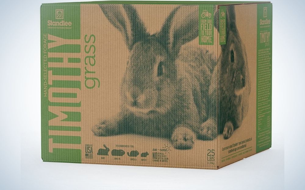 A Timothy grass large cardboard box with a rabbit pictured into the box.