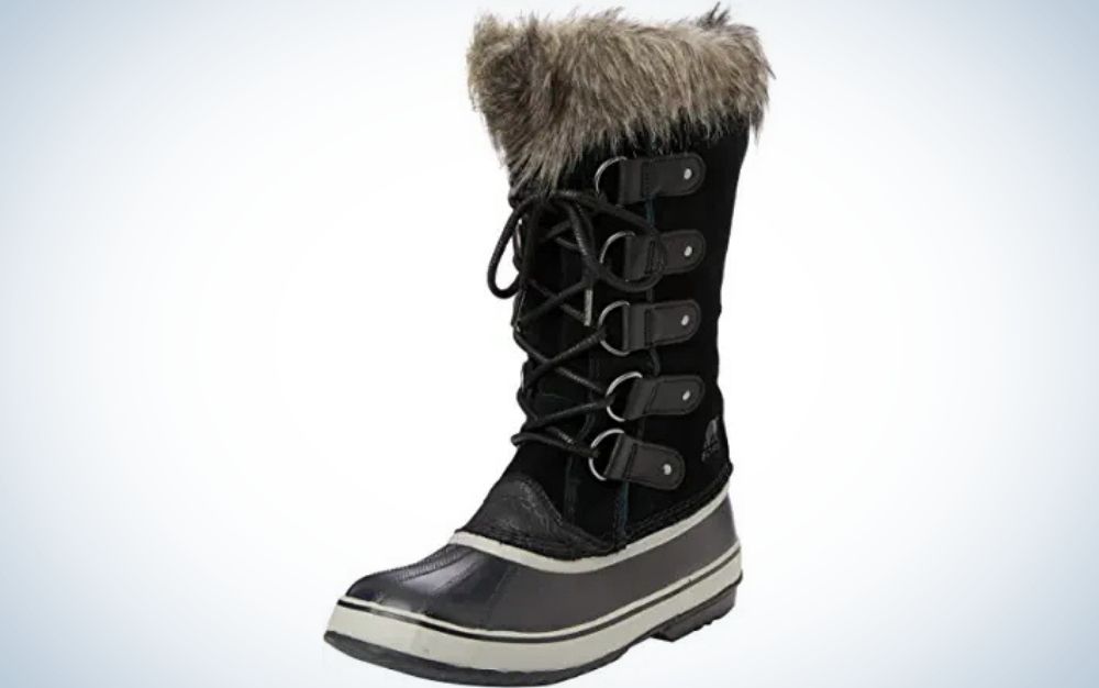 Black and quarry lace up closure boots with faux-fur cuff from side.