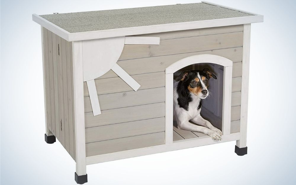 A gray wooden house for the dog with four layers and a small dog standing at its entrance.