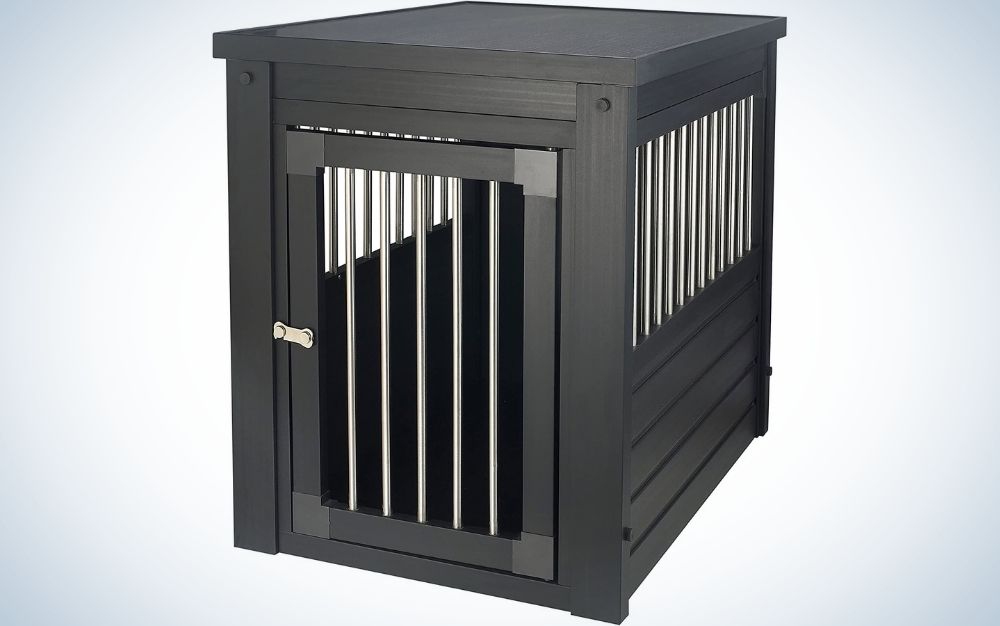 A black wooden house for the dog with limited space made of thin metal spindles.
