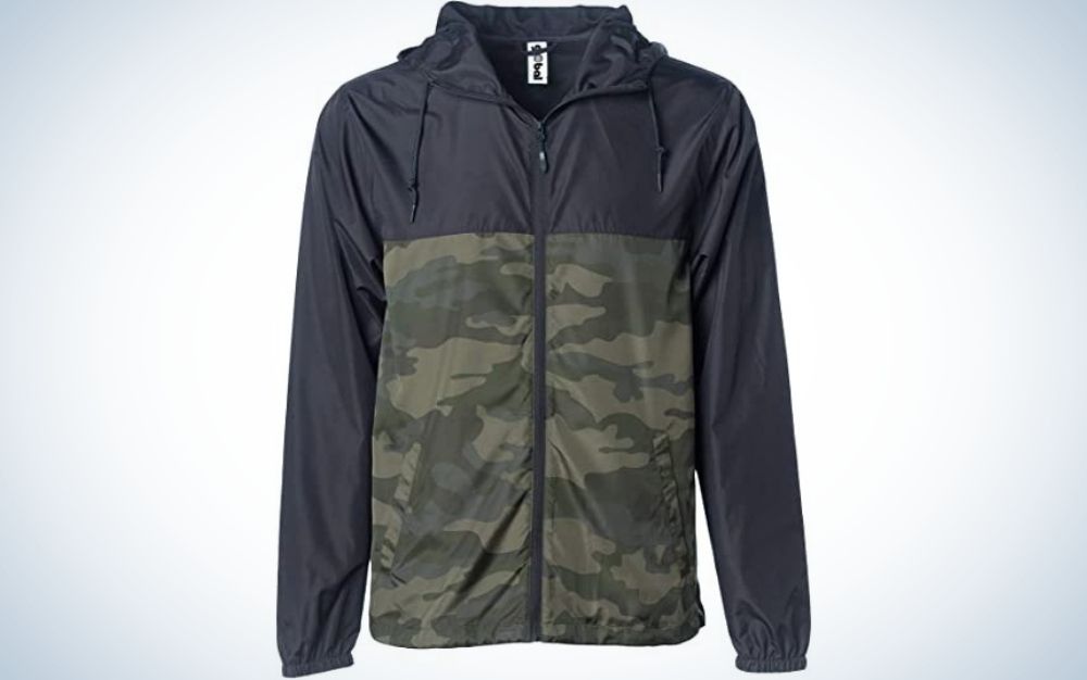 A half dark blue and half military color lightweight windbreaker winter jacket water resistant shell.