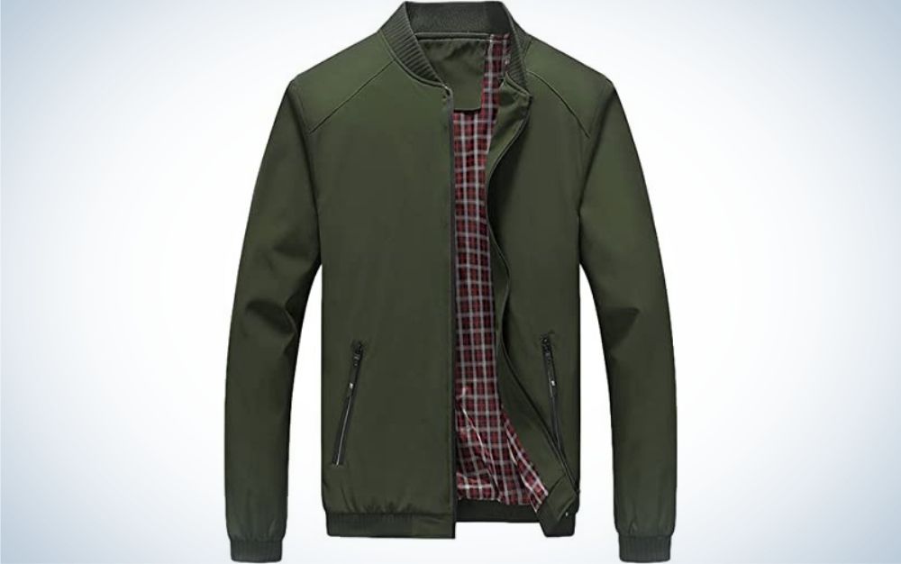 A dark green lightweight winter and rainy jacket for men.