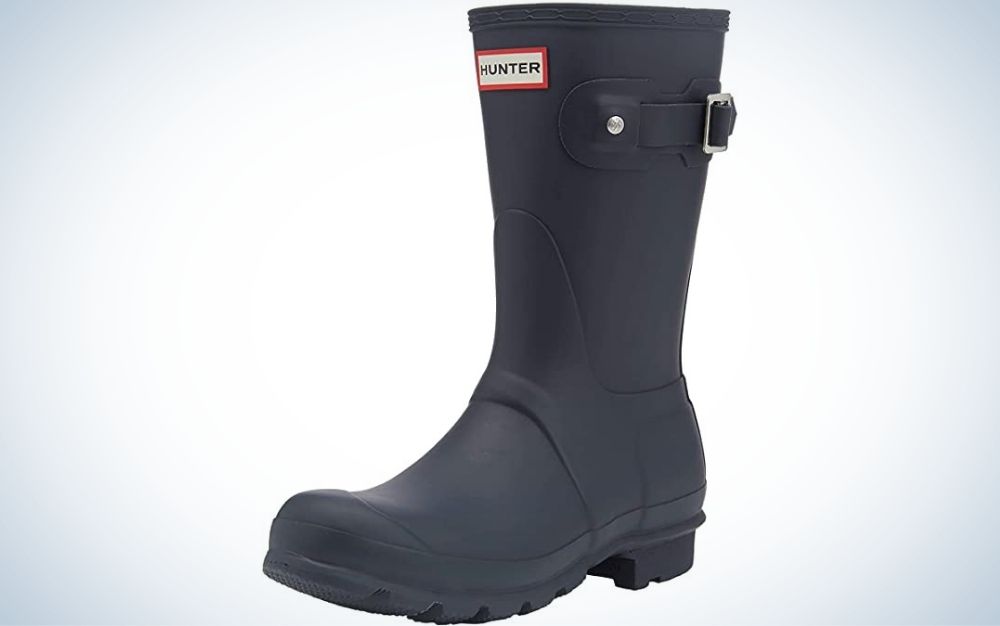 A completely black boot with a strong rubber band and a red inscription on the top of the boot.