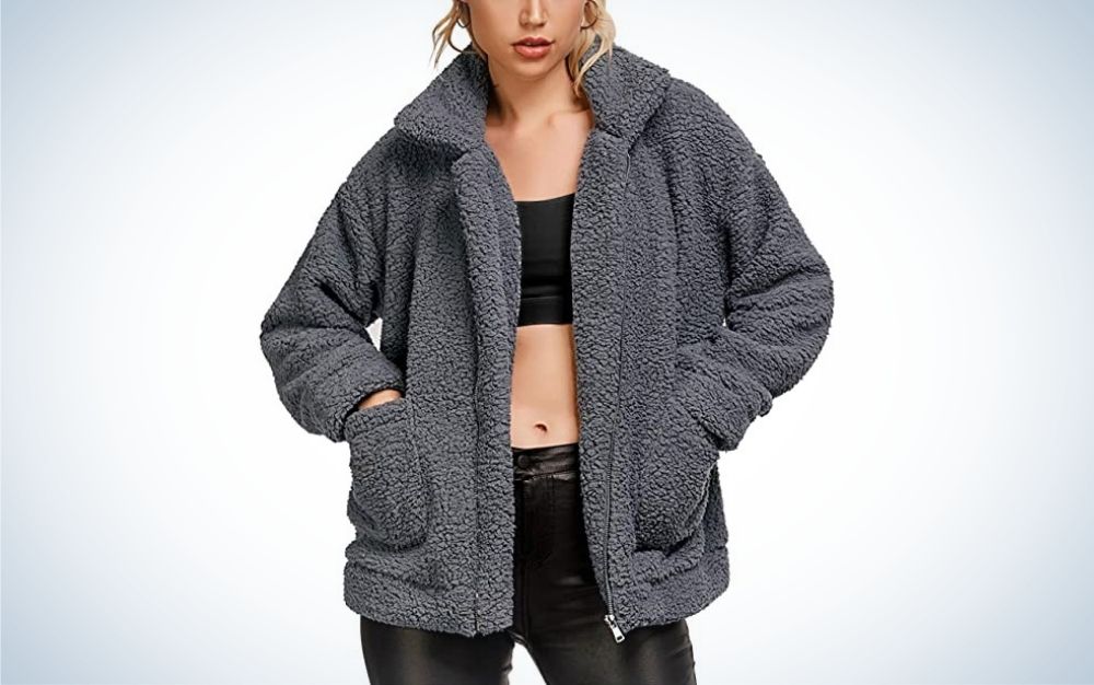 Comeon Women's Coat Casual Lapel Fleece Fuzzy Faux Shearling Zipper Coats Warm Winter Oversized Outwear Jackets 