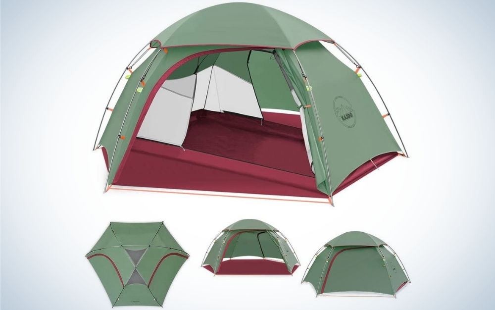 A green camping tent with space inside for two people.