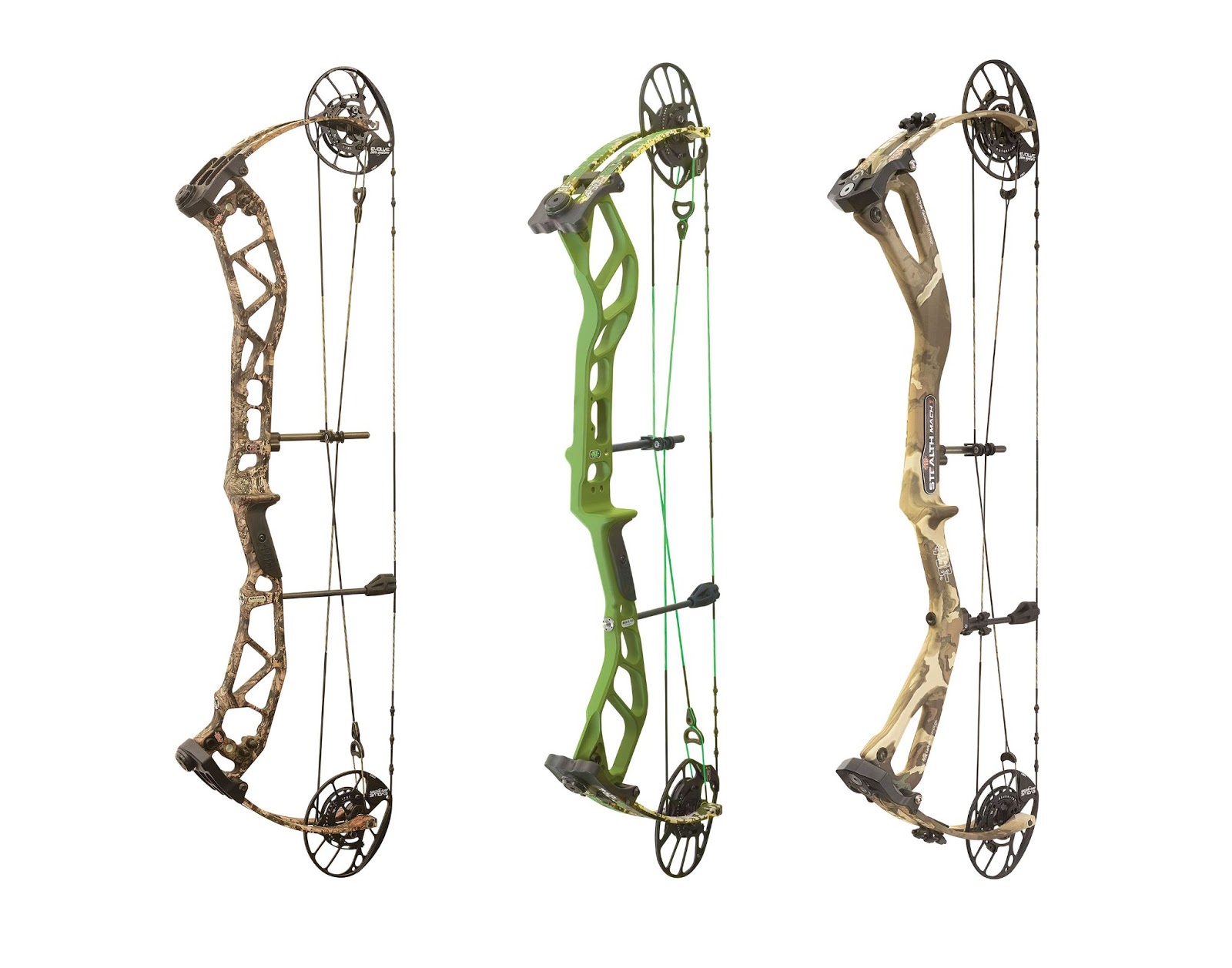 Three PSE compound bows side by side.