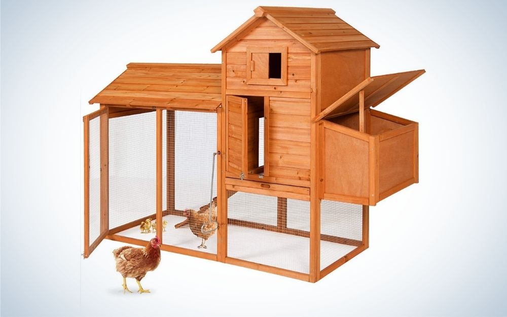 Brown wooden chicken coop with nesting box and wire fence