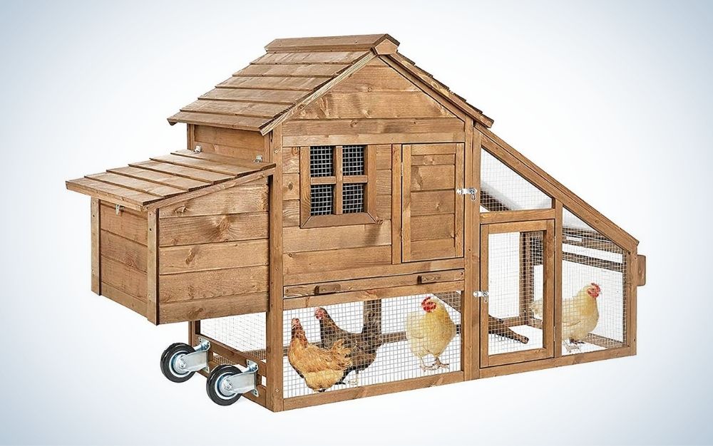Brown stainless steel chicken coop with movable wheels