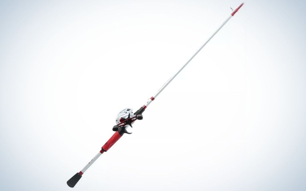 Red, black, and white Baitcast rod and reel combo