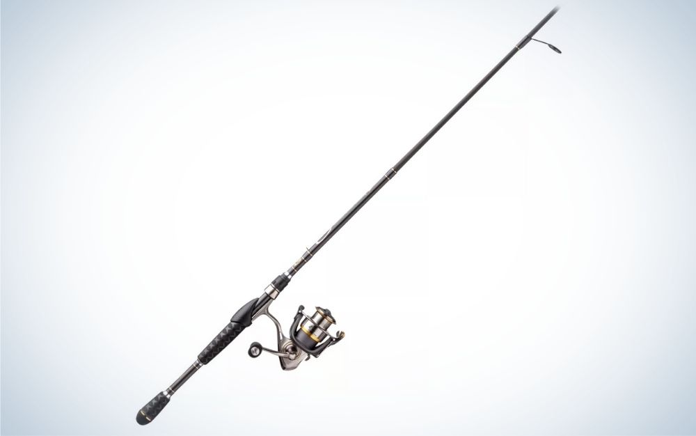 Black two spinning rod and reel combo on aluminum body and side cover