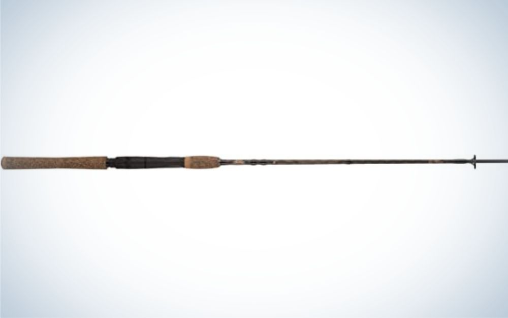 A spinning rod which is long and thin with darker brown.