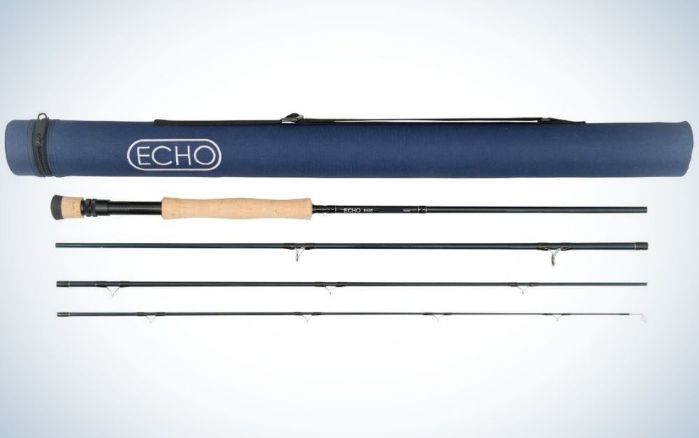 Three fishing rods with different lengths and black and wooden colors as well as a bag with the brand name of the company of this fishing rod.