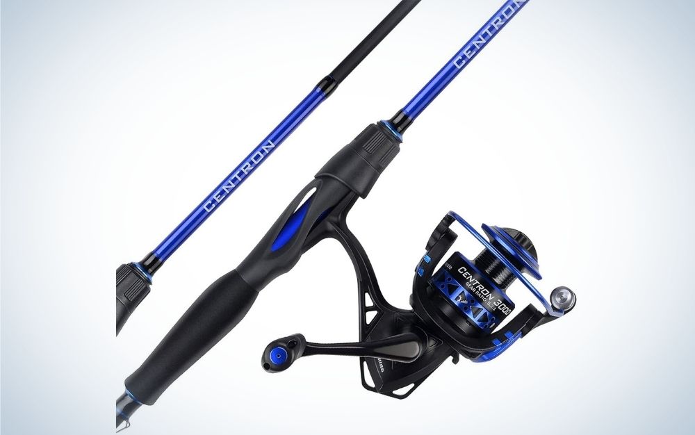 A spinning reel called Centron and in black and solid blue.