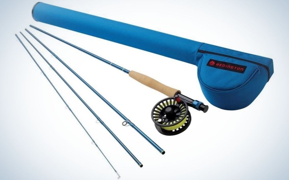 A fishing bait with a color metal and wood sticks as well as three thin silver sticks, and a blue bag for their entire set.