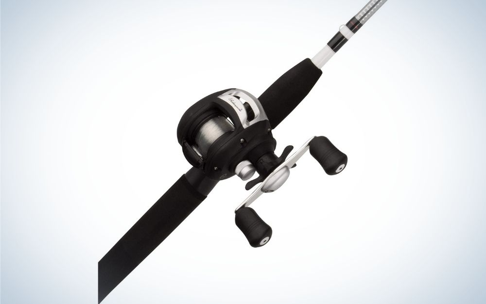 A spinning reel in black and solid white color.