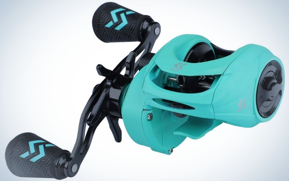 A very complex spinning reel in the form of a machine with different shapes and two propellers but all in black and light blue.