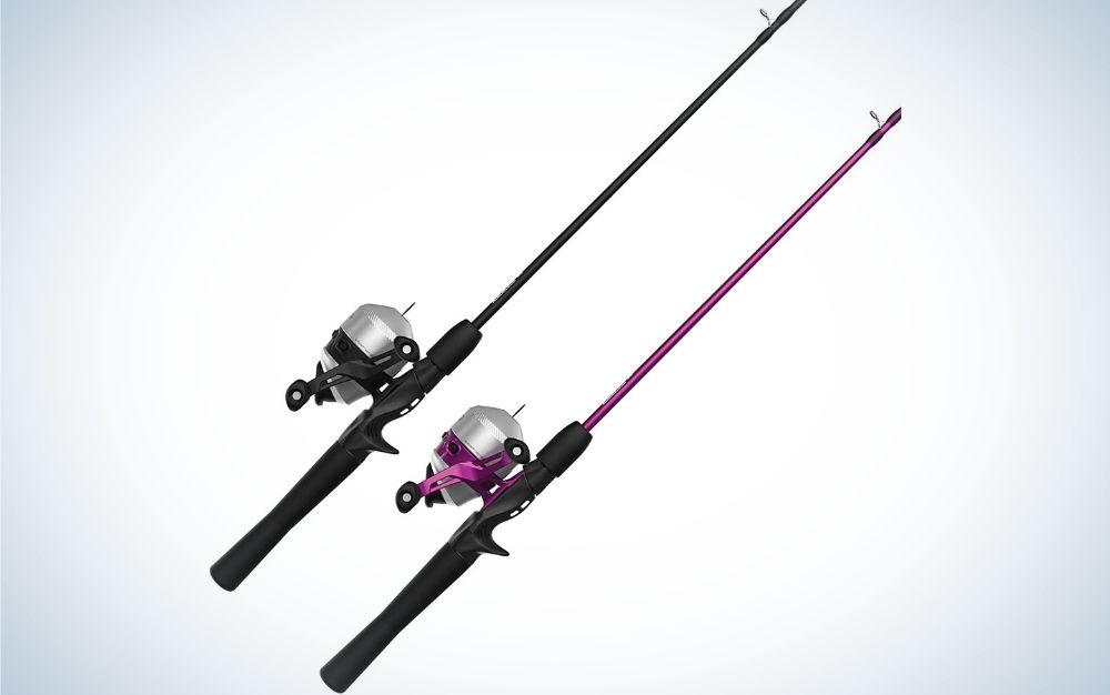 Two baits for fishing, one black all over and the other black sticker with purple fishing reel.
