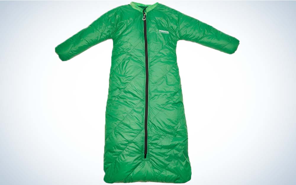 A green children's sleeping bag with arms