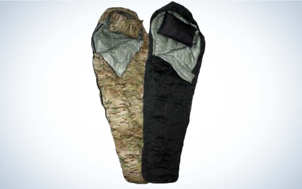 A black best sleeping bag next to a camo best sleeping bag