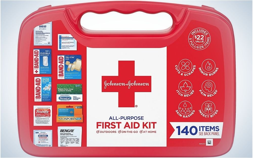 An ambulance box with all the ambulance products in it as well as with the brand name Jonson & Jonson.