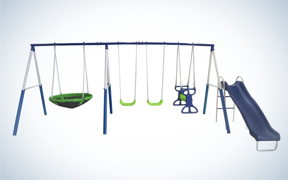 An outdoor play area which is structured with several white and blue metals with two legs, as well as two slides, a slide and a circular blue slider to sit inside.