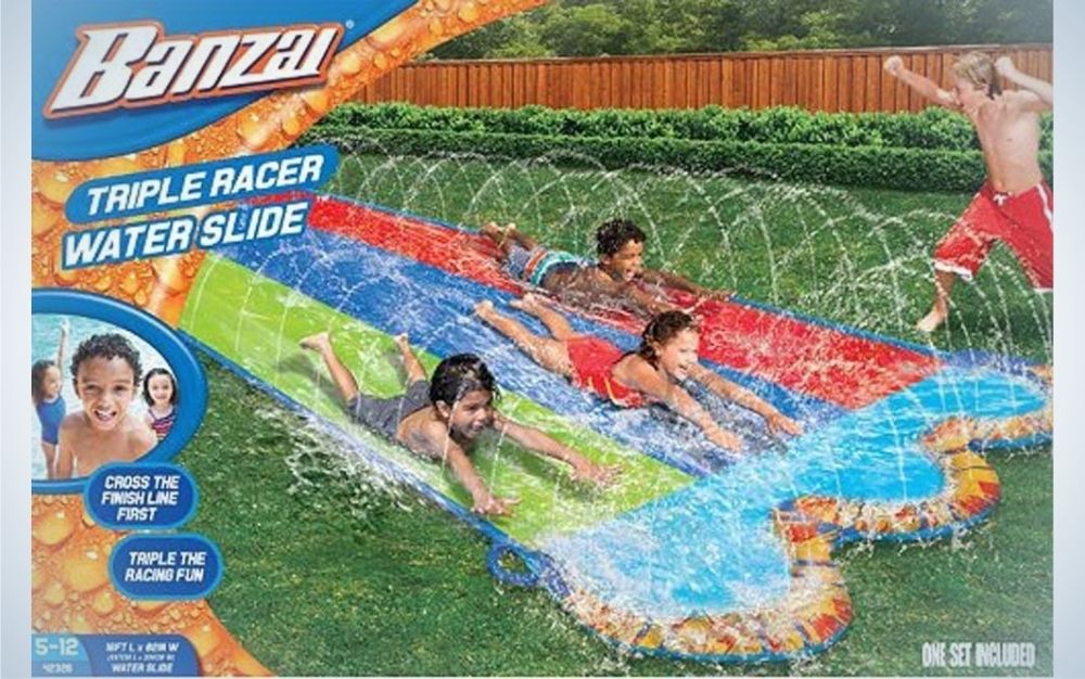 An advertisement and the cover of a children's colored slide, with a picture of children sliding on it.
