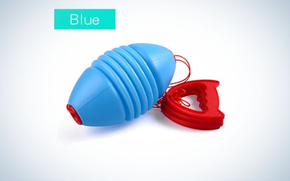 A sliding ball for children with a blue color and with an egg shape with stripes as well as a red thread clip.