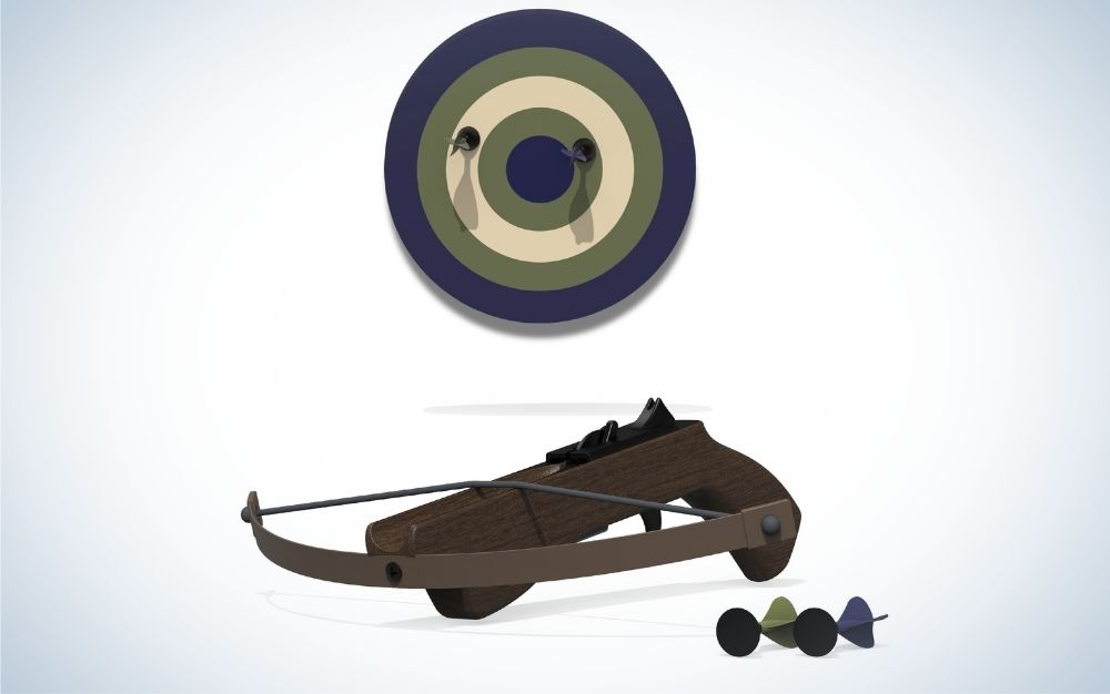 A bow to shoot with arrows and brown as well as a shooting circle of different colors.