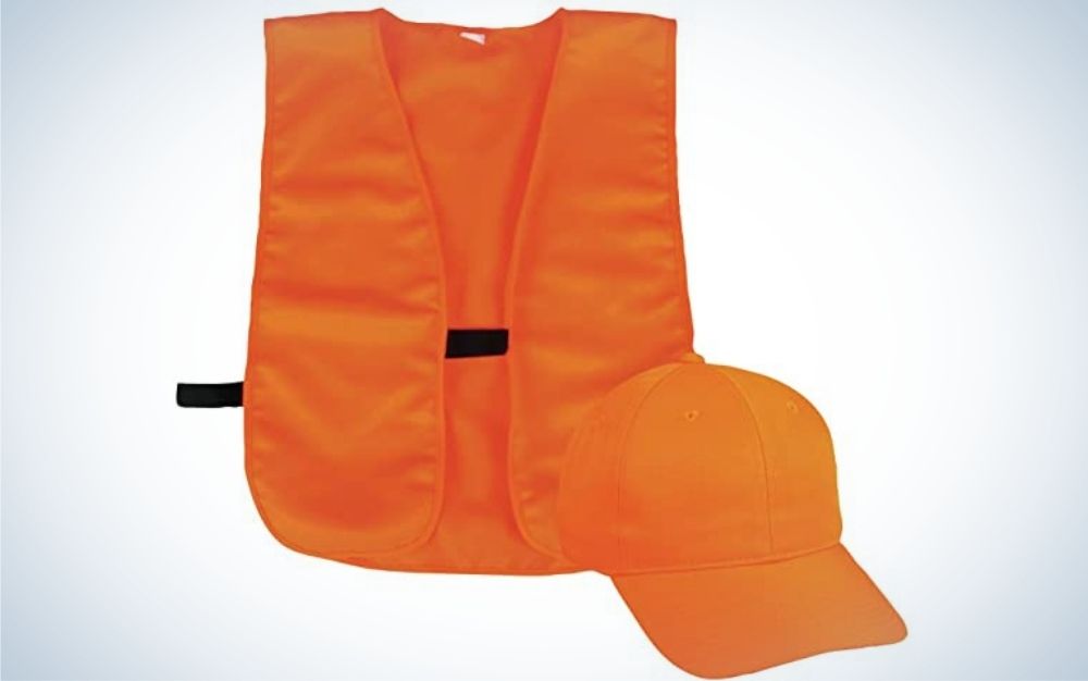 An orange neon vest with a black belt in the middle as well as an orange hat as well.