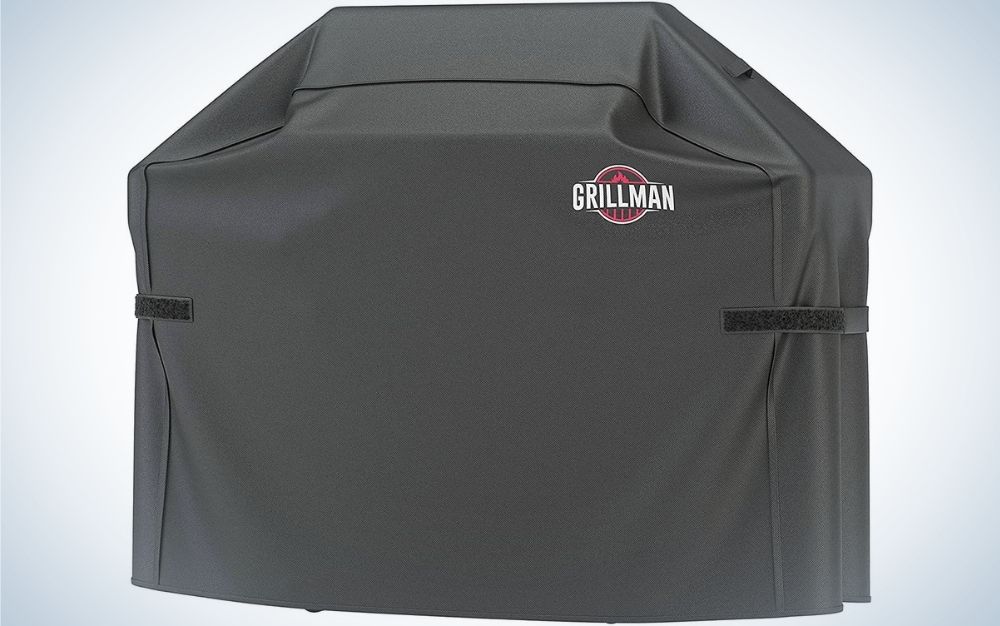 A rectangular bag, all black and with the brand name on it, which serves to cover different grills.