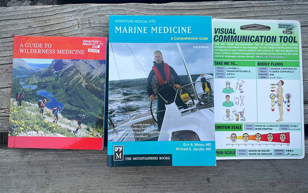 The World Travel comes with wilderness and marine medicine pocket guides and a visual communication card for traveling abroad.