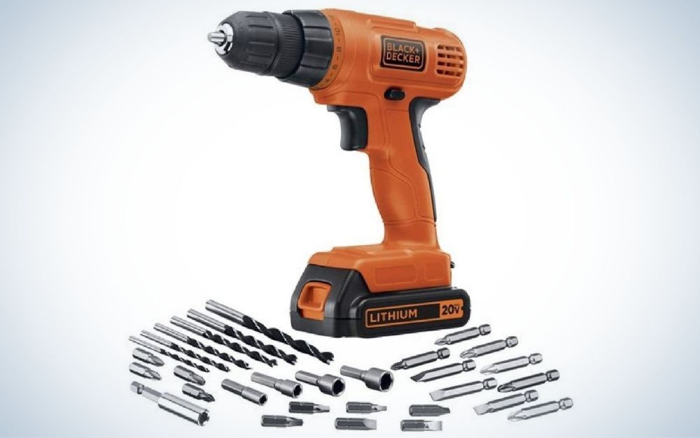 Black and orange, battery powered, cordless drill and driver kit with 30-piece accessories