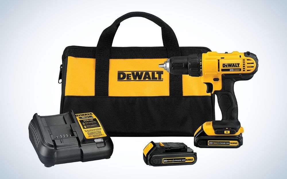 Black and yellow, cordless drill and driver kit with battery powered