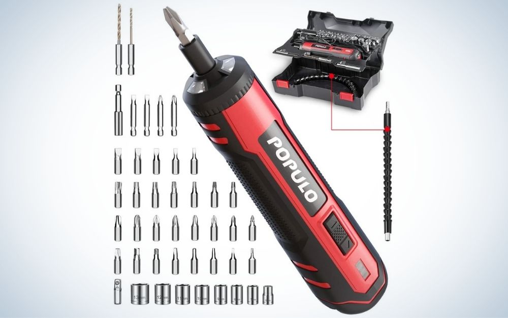 Black and red, cordless screwdriver kit