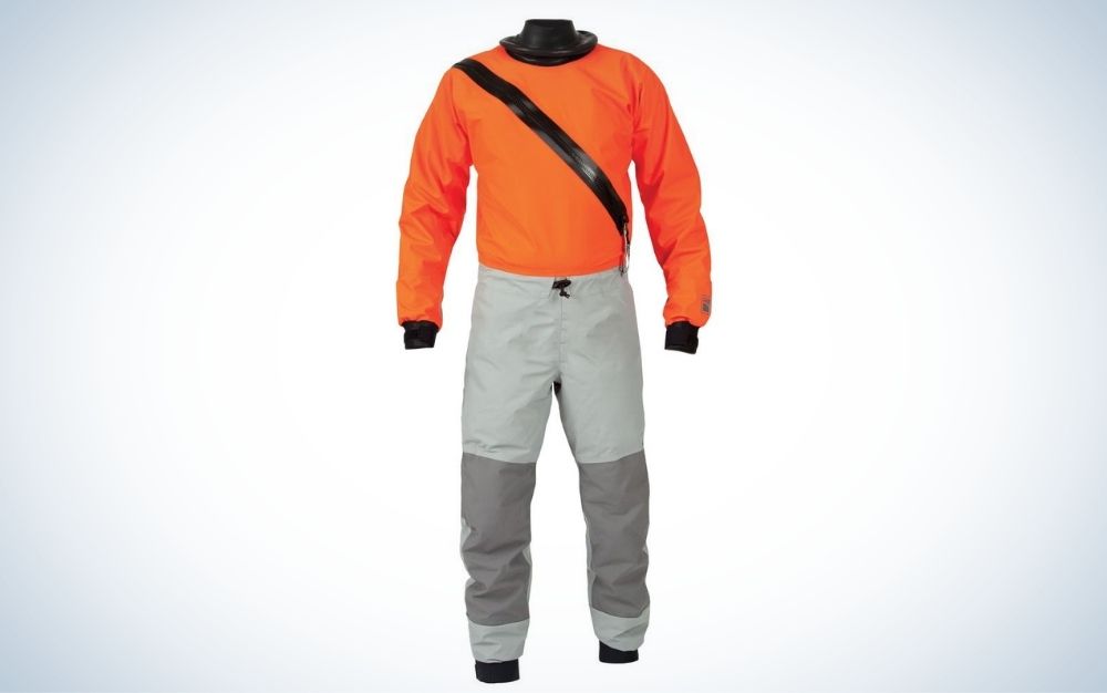 Orange, grey, and black men's swift entry dry suit